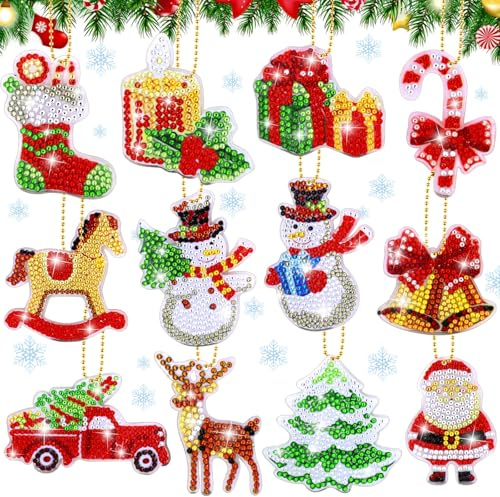 Diamond Painting Weihnachten 12 Stück DIY Anhänger 5D Schlüsselanhänger Set | 5D Diamant Malerei Weihnachtsanhänger, Ideal als Kinder Bastelset, Winter Deko für Christbaumschmuck, Fensterdeko, Geschenke
