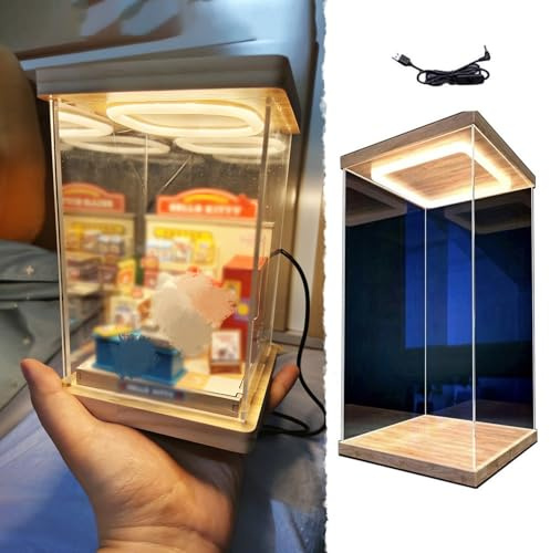 CMYUN Acryl Vitrine 10/20/25/30/35/40/45/60 cm Hohe Acrylvitrine, Beleuchtete, Transparente Aufbewahrungsvitrine mit Tür, Schmale, Staubdichte Box für Figuren, Spielzeugpuppen(20x20x25cm/8x8x10in)