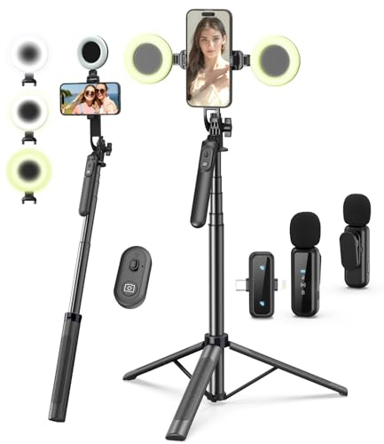Vlogging Kit for iPhone/Android, 71 Selfie Stick Tripod for iPhone with Fill Light, Wireless Mic & Remote, Adjustable Aluminum Phone Tripod for TikTok/YouTube Content Creator Essentials Starter Kit‌