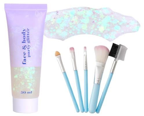 AYVRUOP Paillettes Visage Festival Set,Gel liquide Paillettes Sirène,Paillette Visage,Avec 5 Pièces Bleu Pinceau,Poudre Pailletée longue Tenue,Applicable à Maquillage de Fête,Bal Masqué(Blanc)