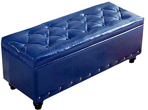 Banco de almacenamiento copetudo azul marino, piel sintética rectangular, reposapiés superior para entrada y sala de estar, elegante baúl de zapatos, 39 x 16 x 16 pulgadas (100 x 40 x 40 cm)