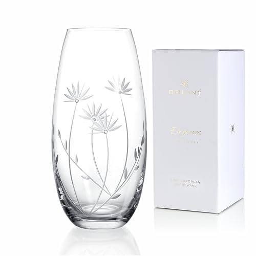 Brilant Bloom Fass Glasvase - Elegante Blumenvase Modern, Deko Vase Glas mit Blumenmotiv und Hochwertigen Kristallakzenten, Geschenke für Frauen, Handgefertigt in der EU - 1 Stück
