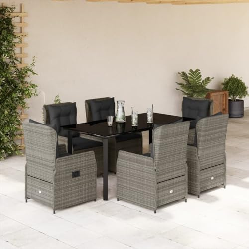 Qnhdfrt 7-teiliges Balkonmöbel-Set aus Polyrattan mit verstellbaren Gartenstühlen 160x80 cm graue Essgruppe für Terrasse Kleiner Balkon Garten