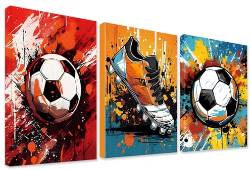 KiKiHong 3er Set Fussball Bilder mit Rahmen,Poster Jungs Zimmer Teenager 30x40cm Fussball Bilder für die Wand für Jungenzimmer,Fan-Räume & Wohnzimmer (Ball & Schuhen)