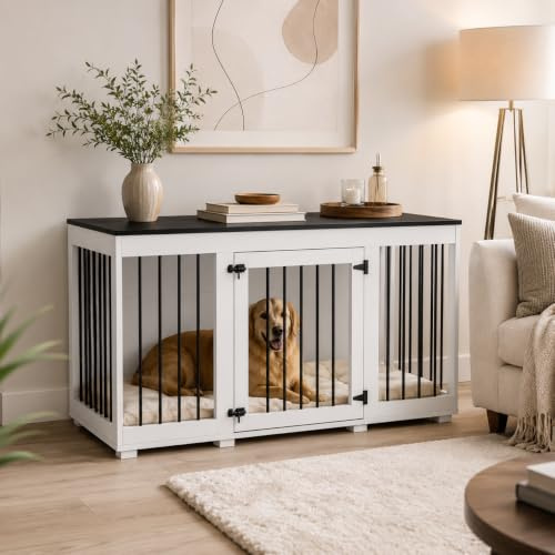 Hundebox 136cm mit 1 Gittertür Hundehütte aus MDF und Metall Transportbox für Haustier atmungsaktiv Hundehaus für mittelgroße Hunde Hundekäfig für Innenbereich Wohnzimmer 136x56x70cm