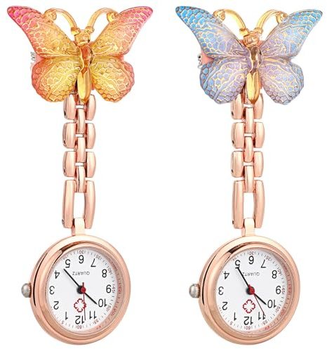 KALLORY Orologio da Infermiera in Lega 2 Pezzi Design Creativo a Farfalla, Facile da Indossare, Orologio da Tasca per Donne e Ragazze in Ambito Sanitario