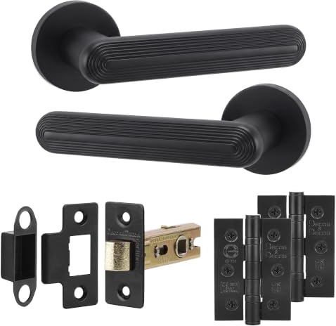 Decoranddecor Matt Black Internal Door Handles, Hinge Kit 76mm | Reeded Lever on Rose, 64mm Latch & 2 Hinges Included, Sprung Return, Fire Rated CE Mechanism, Internal Doors