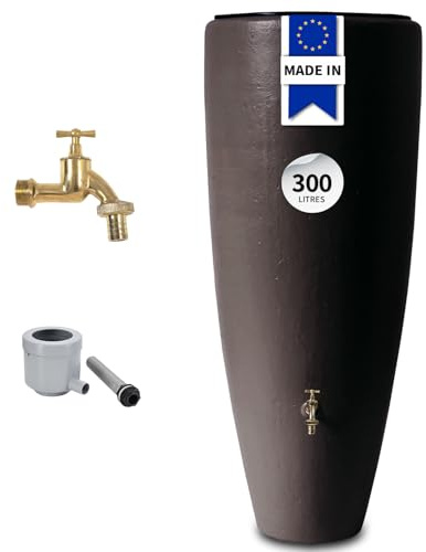GARANTIA 2in1 Regentonne Komplett-Set 300 Liter Mocca inkl. Messing-Auslaufhahn und Fallrohranschluss - Wasserbehälter, Wassertank, Regenwassertank, Regentonne 300 Liter, Regenwassertonne