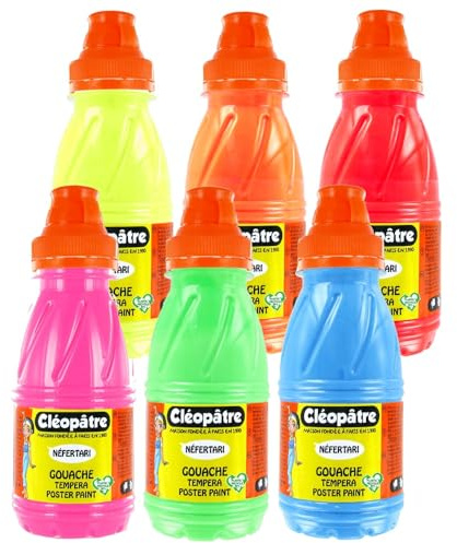 Lot de 6 Gouaches Cléopâtre Néfertari fluo Jaune/Orange/Rouge/Rose/Vert/Bleu 250 ml