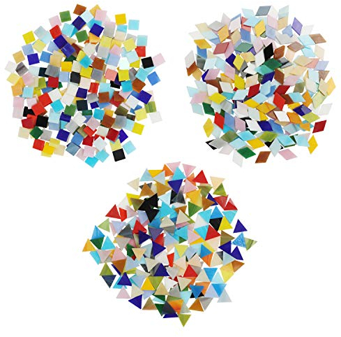 Belle Vous 600 Stk/480g Bunte Glas Mosaiksteine in 3 Formen – Glassteine Mosaik Steine Raute (2x1,2cm), Dreieck (1,5x1,5x1,5cm), Quadrat (1x1cm) - Glasnuggets zum Basteln, Deko