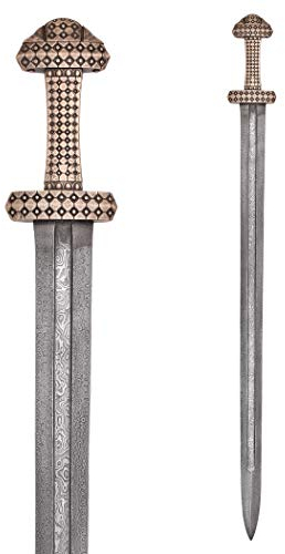 Battle-Merchant schottisches Wikingerschwert mit Bronzegriff | 9. Jahrhundert, Insel Eigg | Original echtes Schwert aus Damast Stahl | Deko Waffe Damast Schwert
