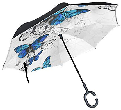 ISAOA Gro?er umgekehrter faltbarer Regenschirm, doppellagig, winddicht, UV-Schutz, Regenschirm, f¨¹r den Au?enbereich, C-f?rmiger Griff, selbststehend, fliegende Schmetterlinge, Morpho Regenschirm