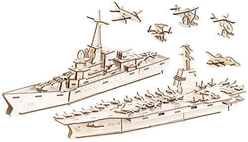Playtastic 3D-Puzzle Holz Kinder: 3er-Set 3D-Bausätze Marine-Schiffe & Luftflotte aus Holz, 233-teilig (Holz Steckpuzzle 3D, Modellbausatz Holz)