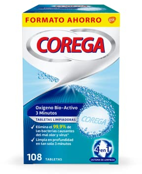 Corega Oxígeno Bio-Activo, Tabletas Limpiadoras Para Prótesis Dentales, Eliminación de Olores y Bacterias, Mantenimiento y Cuidado Bucal Avanzado, Limpieza en 3 Minutos, Pack 108 Tabletas