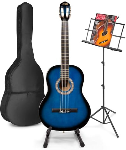 MAX SoloArt Guitarra Clásica Azul – Set Completo para Principiantes con Atril, Soporte, Afinador, Bolsa, Cuerdas, Correa y Púas – Ideal para Niños desde 8 Años y Adultos