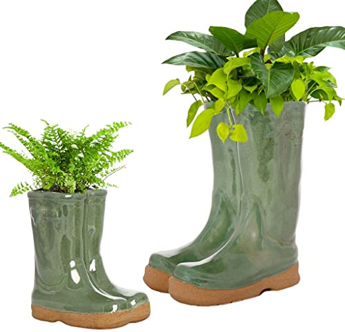Dibor Set of 2 Flower Pot Planters - Small & Large Wellington Boot Plant Pot Wedding Anniversary Christmas Gardening Gift Set (Green)