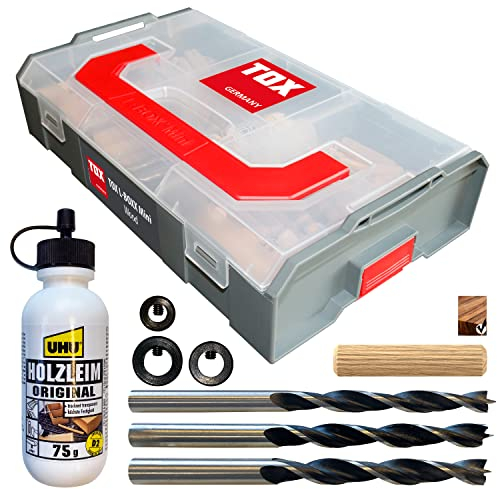 TOX L-BOXX Mini Wood effektiv, kompakt, übersichtlich, individuell anpassbar & stapelbar + Holzdübel Set Boltfix Wood +S & Dübelhilfen: Markenleim + Holzbohrer mit Tiefenanschlag, 094900701