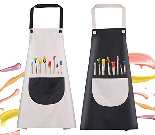 Ruikdly Malschürze Kinder 2 Stück Schürzen Set Mit Taschen Kinderschürze Schule Wasserdicht Bastelschürze Für Basteln Malen Backen Kochen (Schwarz, Grau 6-10 Jahre)