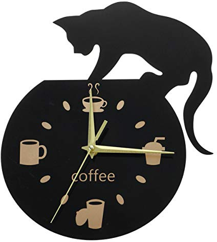 Gatuida Stumme Cartoon Wanduhr mit Kletternder Katze und Papier | Schwarz, Katzenform mit Kaffee Motiv, für Wohnzimmer und Wanddekoration