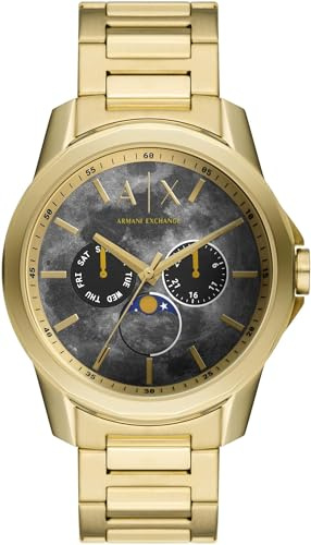 Armani Exchange Uhr für Herren, QuarzMultifunktionswerk, 44MM Gold Edelstahlgehäuse mit Edelstahlarmband, AX1737
