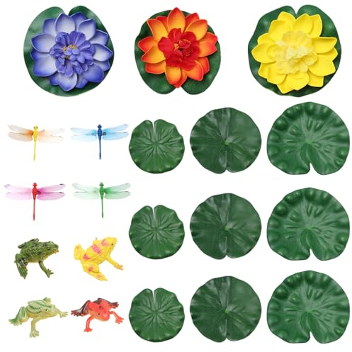 Sixfolo 20 Pcs Artificial Floating Water Lilies,Artificial Lotus Foam Flower Fake Water Lilies with Plastic Dragonfly Frog Lily Pads for Pond Pool Aquarium Water Decor(10cm,14.5cm,17cm)