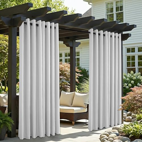 Clothink 2er Set Outdoor Vorhang Wetterfest Mit Ösen, Outdoorvorhänge Wasserdicht Outdoor Gardinen Sonnenschutz Sichtschutz für Balkon Pergola Terrasse Veranda (132x245cm, Grau-Weiß)