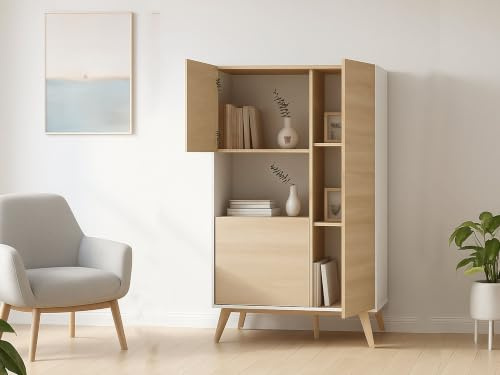 Dmora - Credenza Boario, Buffet alto da soggiorno, Madia moderna da salotto a 3 ante, 81x43h135 cm, Rovere e Bianco