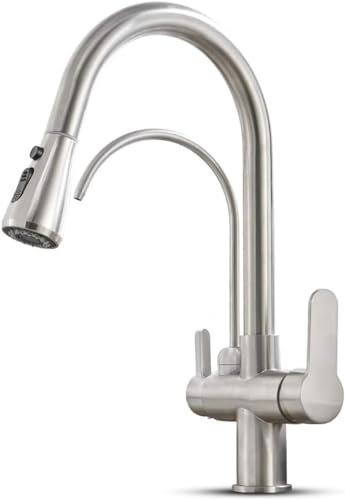OUGOO 3 Wege Wasserhahn Küche, Messing 360° Drehbarer Spültischarmatur mit Brause Ausziehbar und Trinkwasserhahn, 3 in 1 Mischbatterie Küche für Wasserfilter, Doppelhebel Faucet Gebürstet