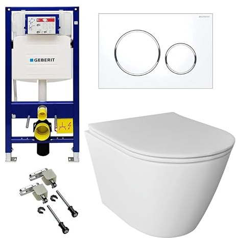 Alpenberger Hänge WC Komplettset | Wand WC Spülrandlos | Kloschüssel mit WC Spülkasten Bausatz Betätigungsplatte | Vorwandelement WC Set Komplett | Passend Geberit (9034)