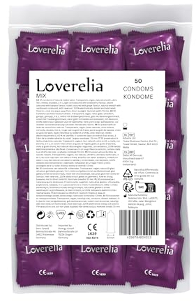 Loverelia Kondome Mix - 2x50 Kondome, 10 verschiedene Sorten - Vielfältigkeit und Qualität für besondere Momente - perfekten Sitz und leichtes Abrollen – Naturkautschuk Latex - Vegan – Gefühlsecht