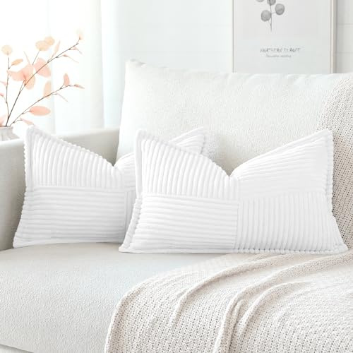 Artscope 2er Set Kordsamt Kissenbezüge Samtkissen Weich Dekokissen Dekorativ Kissenbezug Modern Kissenhülle Umwickelte Kante Sofakissen für Wohnzimmer Schlafzimmer Reines Weiß, 40x60cm