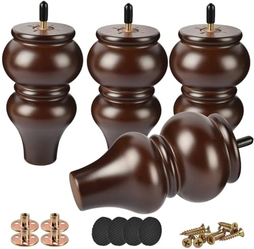 Btowin 6 inch Solid Wood Turned Furniture Legs 4Pcs with M8 Bolts, Walnut | Classic Design with Extra Wide Base Supports 400lbs. Hardware Included for Easy DIY Install on Sofas, Cabinets and dressers