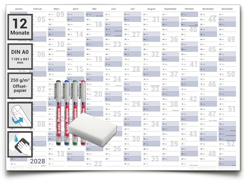 Gigatime Wandkalender 2028 DIN A0, 118,8 x 84,0 cm, 4 Marker | Abwischbarer XL Jahresplaner, Gerollt, Inklusive 4 Marker und Schwamm, Deutsche Sprache
