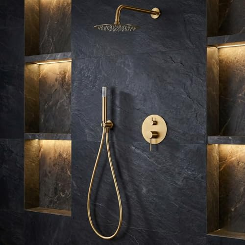 IMEX - Ducha Empotrada Monomando Dorada | Conjunto de Grifería Empotrado con Alcachofa y Rociador Antical Efecto Lluvia | Columna Ducha Empotrada con Grifo en Latón y Acero Inox S.304 | Serie Monza