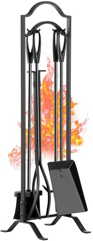 FEED GARDEN 29 Inch Fireplace Tools Set 5 Pieces Indoor Outdoor Wrought Iron Fireplace Accessories Set Wood Stove Fire Place Set with Heavy Duty Tongs,Poker,Shovel,Brush and Stand,Black