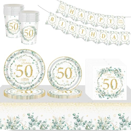 70P Sage Green 50th Birthday Tableware Set - Eucalyptus Gold Paper Dinnerware Kit with Cups, Napkins, Plates (7in+9in) and Table Cloth for Her Celebration Décor