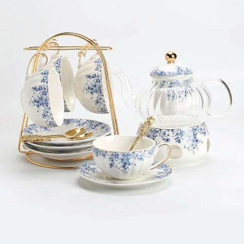 XUEQINER Nachmittagstee-Set, Blumen-Teekanne, Kerze, beheizte Glas-Teekanne, Teetasse, blau-weiße Kaffeetasse und Untertasse aus Porzellan