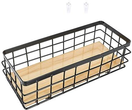 Yardenfun Schwarzer -Kunst-aufbewahrungskorb Wandmontiertes Regal Mit Holzbrett Hohlkorb Für Kleinigkeiten Desktop-Organizer Zum Ordnen