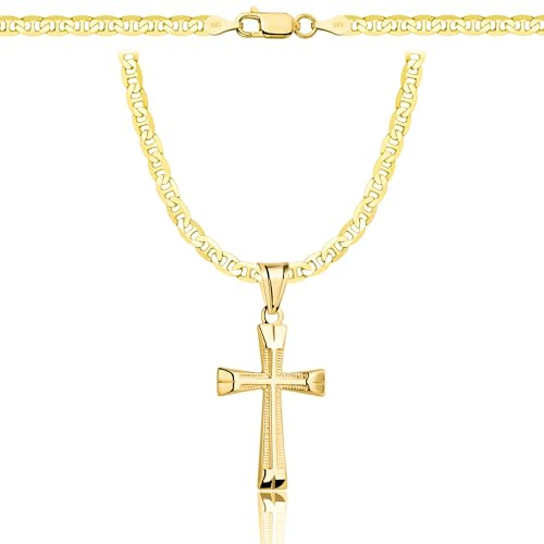 AMAR PRAGNA Gold Damen/Herren Kette mit einem 925/585 Kreuz, original geflochten, Breite 3,8 mm, Goldkette- Halskette, kreuz kette gold 585