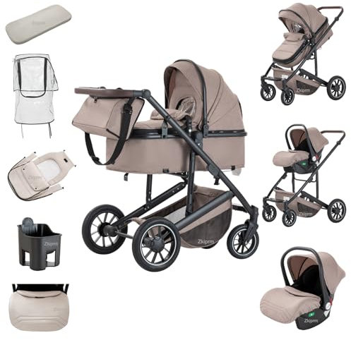 Zkiprm Passeggino 3 in 1 con Seggiolino Auto - Sistema di Viaggio Reversibile, Maniglione Regolabile, Telaio in Alluminio - Include Copripiedi, Copertura Antipioggia e Zanzariera - 0-4 Anni (Kaki)