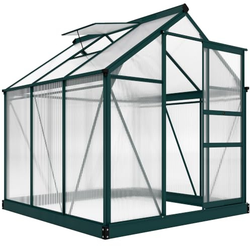 Outsunny Serra da Giardino in Policarbonato con Telaio in Lega di Alluminio 3.65㎡, Serra per Orto con Grondaie, Finestra a Tetto per Ventilazione, Porta Scorrevole, per Piante, 190x192x201cm, Verde
