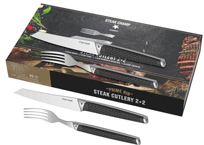 Steak Champ Steakbesteck Prime Rib: 2 Steakmesser & 2 Steakgabeln aus Klingenstahl, Rutschfeste Griffe, Elegantes Design, 12,5 cm Klinge, Ideal für Filet, Ribeye & Steak, inkl. Geschenkbox, 4 tlg.