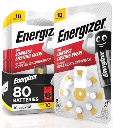 80 Batterie Acustiche Energizer per Apparecchi Acustici Auricolari Misura 10 Giallo - 10 Blister da 8 Pile