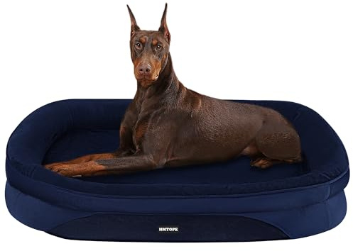 HMTOPE Orthopädisches Hundebett, Hundesofa, Vierseitiges Nackenrolle Kissen, rutschfeste Unterseite Hundekorb, Abnehmbar und Waschbar, Grosse Hunde, 122 x 90 x 19 cm, Navyblau