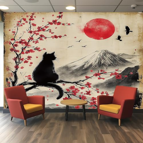 Générique Fototapete Kirschblüte Katze Japan 250x175cm Vliestapete Foto Tapete - Wallpaper Für Schlafzimmer Wohnzimmer Flur Mit 3D Effekt - DGRV-59