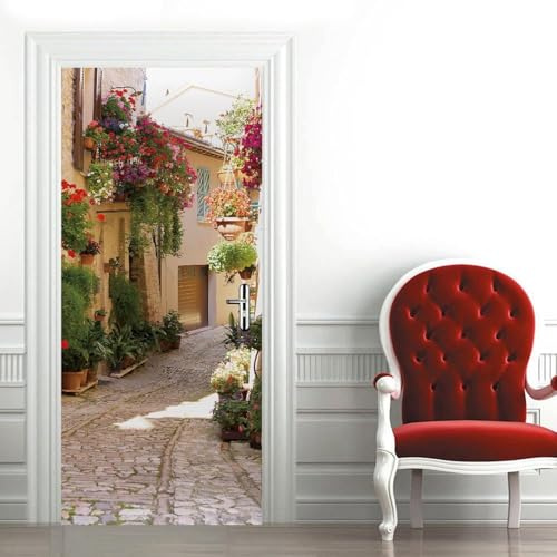 Türtapete Selbstklebend 85x200 cm Stadt Straße Türaufkleber 3D Blumenallee Türposter Türfolie Poster Tapete PVC Wasserfest für Schlafzimmer Wohnzimmer Tür A-927