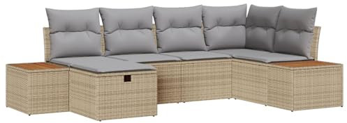 vidaXL Trädgårdsoffset med kudde 6 pcs Beige konstrotting, Modern, slitstark, mångsidig loungegrupp, rattan-soffa, UV-resistent, utemöbler med akaciaträ, bekväm trädgårdsmiljö