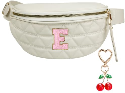 Riñonera Mujer y Niña,Bolso Pecho Pequeño con Iniciales,Riñonera Elegante Bolso Bandolera Cruzado Pequeño de PU Cuero Bolso Bandolera Mujer con Cereza Llavero (Riñoneras de Moda-E)
