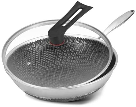 ASerZenith Padelle Antiaderenti in Acciaio Inox, Set di Padelle con Coperchi in Vetro Temperato, Padella Profonda, Pentole Lavabili in Lavastoviglie, 34 Cm(One Color-34cm)