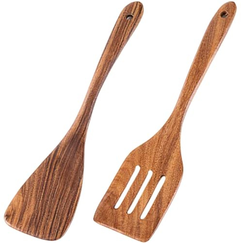 Tianher Espatula Cocina Madera,2 Piezas Espátula Madera Cocina Plana con Mango Largo para Mezclar Remover y otras Situaciones Culinarias (Marrón,30 cm）